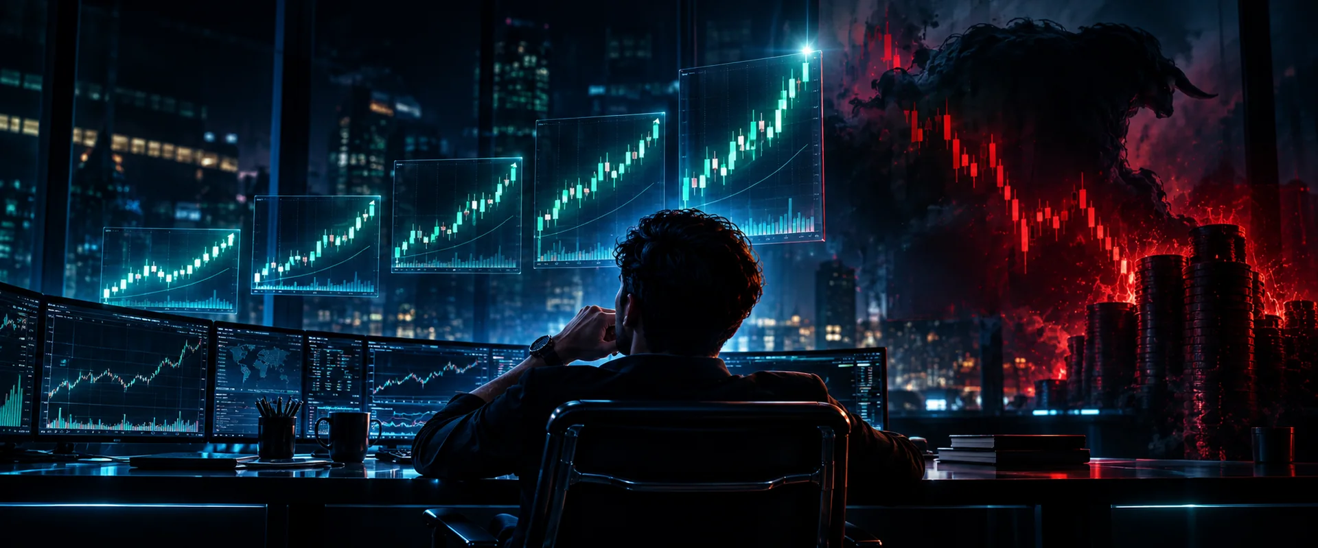 Trader seguro de sí mismo frente a sus pantallas de mercado