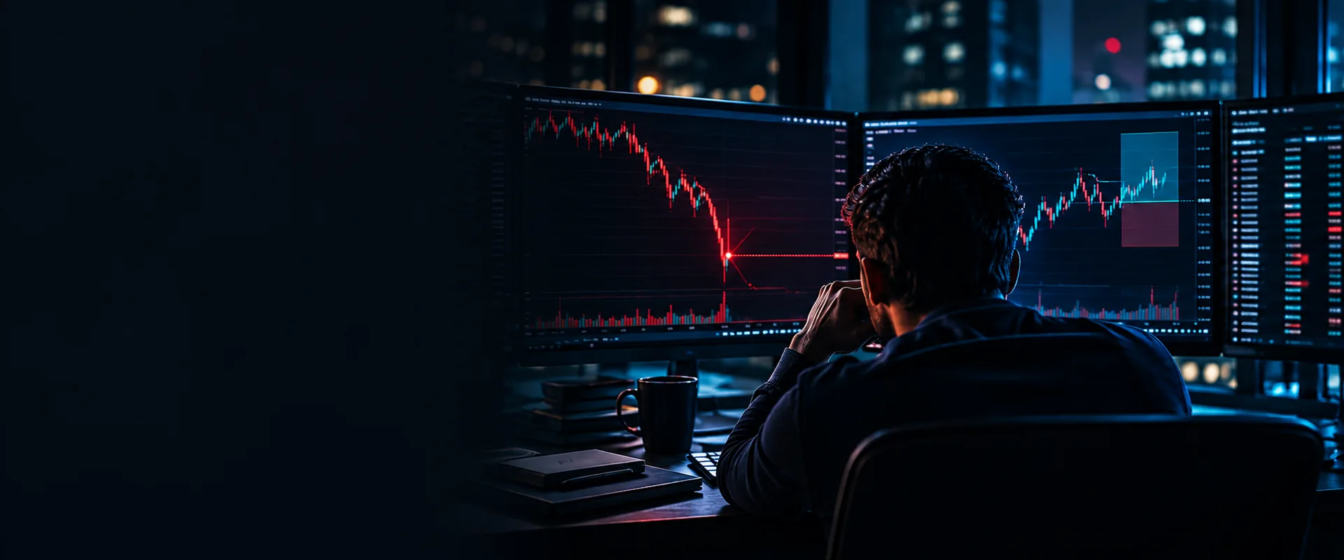Trader frente a varios monitores después de una operación con pérdida