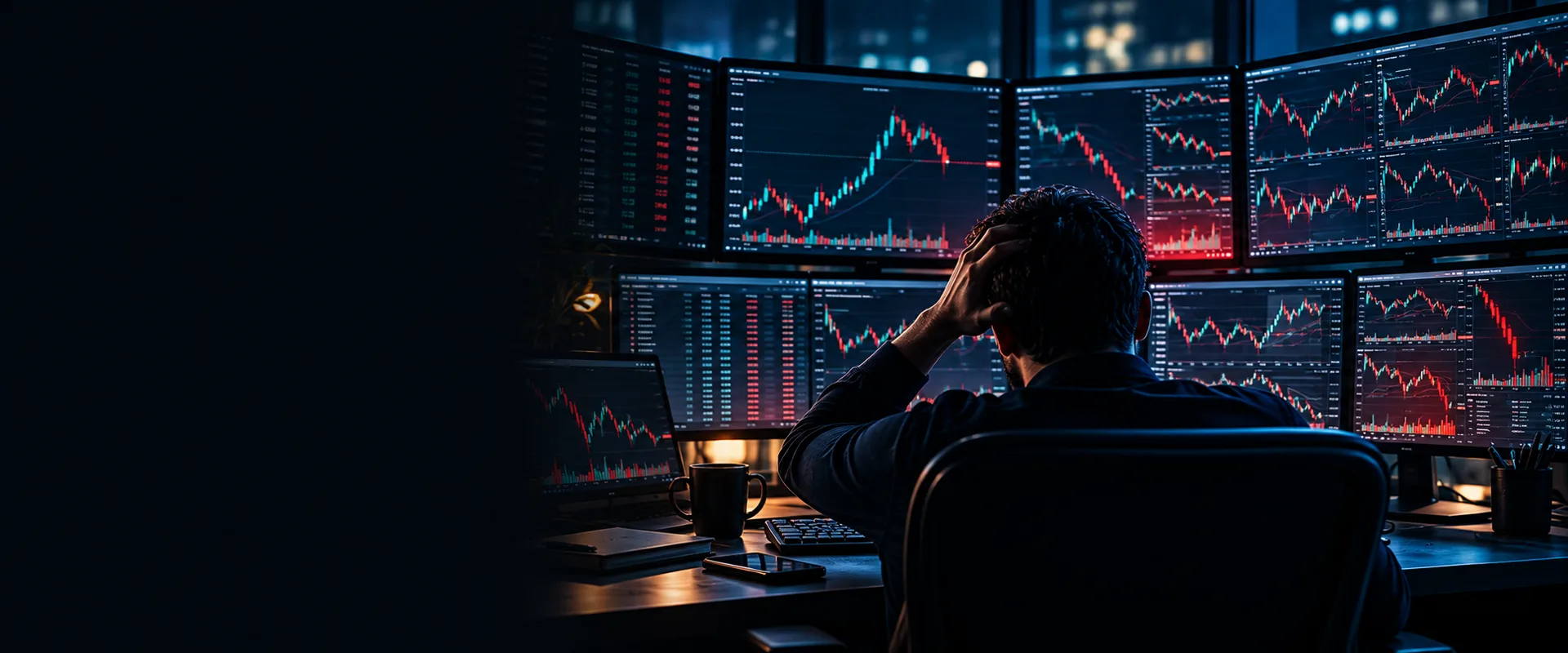 Trader ante varias pantallas con gráficos y operaciones abiertas